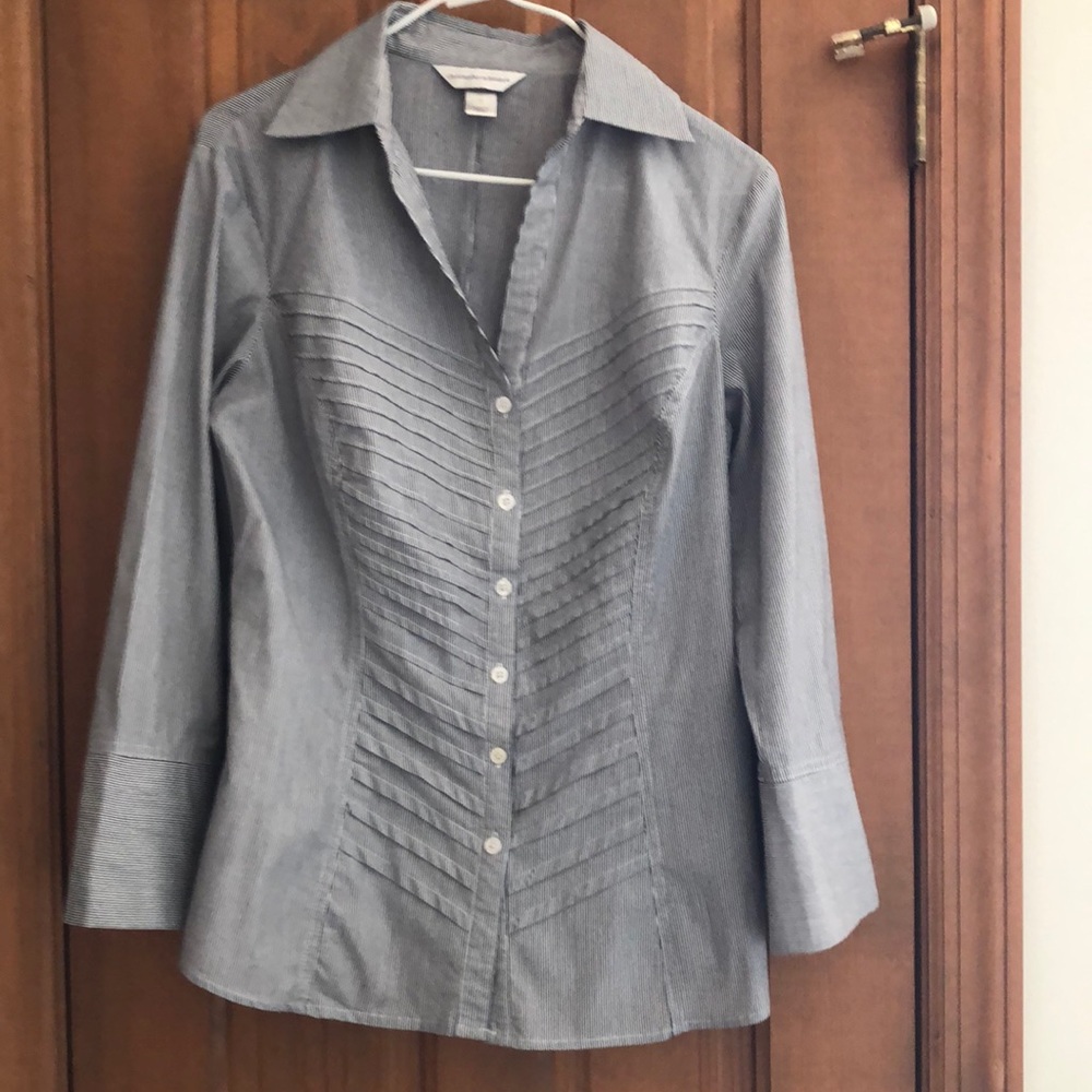 Navy & white pinstripe shirt with diagonal pleated front, M